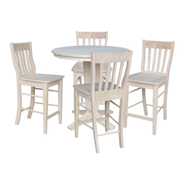 International Concepts 36 in.Round Counter Height Extension Dining Table w/12 in.Leaf and 4 Stools in Unfinished-5 Pc. Set K-36RXT-23B-S6162-4 - main